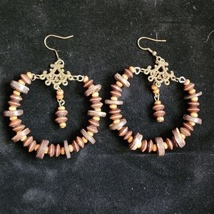 Wooden Brown and Tan Beads Hoop Earrings‎